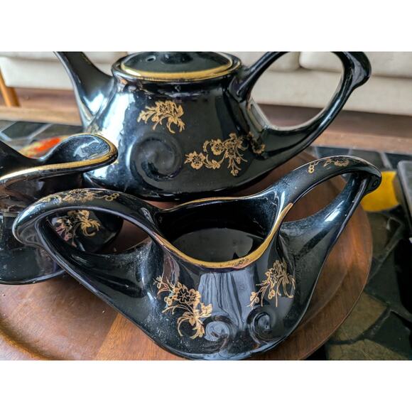 Pearl China Teapot Sugar Bowl Creamer black 22kt gold Vintage USA - Picture 10 of 11